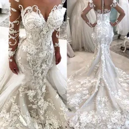 Glamorös långärmad sjöjungfru bröllopsklänningar Sheer Scoop Neck Lace 3D Floral Appliques Sweep Train Bridal Gowns Plus Size Robes de Mariée