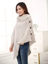 Partihandel - Försäljning Kvinnors Chunky Button Cowl Neck Hem Wrap Pullover Tjockning Varm Vinter Plaid Scarf Shawl Cape