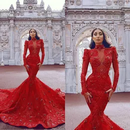 2020 Red Mermaid Wedding Dresses High Neck Lace 3D Floral Appliques Long Sleeve Wedding Dress Sweep Train Crystal Robes De Mariée