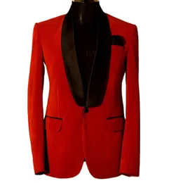 赤いベルベットメンズは、男性の黒いラペルプロムディナースーツのためのウェディンググルーミングパーティータキシードカスタムを作ったたったワンピースジャケット