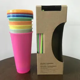 5pcs / caixa de cor mudando copos copos reutilizáveis ​​com tampas e palhetas copo frio logotipo personalizado gelado copo de café 24 onças