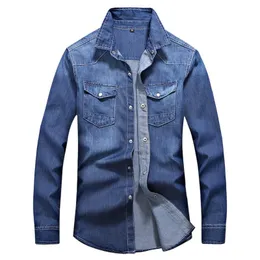 Feeong streetwear denim skjorta män mode nedbrytning krage casual långärmad höst vinterfickor manliga toppar blus