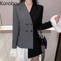 Korobov 2019 New Irregular Persnality Women Blazers and Tops Hit Color Patchwork Flare Long Sleeve Ruches Blazer Femme 77809