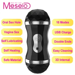 Meselo Dual Channel 18 Modos de aquecimento automático Masturbador Masculino Para Homem Boquete Sexo Oral Vagina Real Buceta Vibrador Brinquedos Sexuais Para Homens Y191221 B6F8