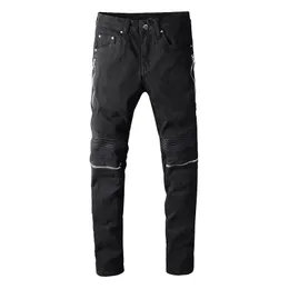 Più nuovo Mens Zipper Distressed Black Jeans Fashion Designer Slim Fit Washed Moto Denim Pantaloni con pannelli Hip Hop Biker Pantaloni PN627