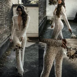 2020 koronkowe kombinezony weselne Deep V Neck Cekiny z długim rękawem Czeski Suknia ślubna Custom Made Bridal Spodnie Suit