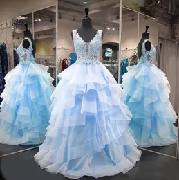 Robe de soiree Saudi Arabic Dubai Light Blue Lace Evening Dresses Long Abiye Organza Evening Ruffled Train Party Dress