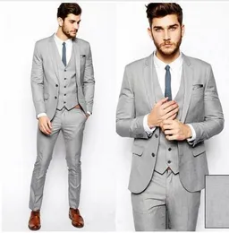 2019 Light Grey Groom Tuxedos Custom Made Groomsmen Back Vent Best Man Suit Wedding/Men Suits Bridegroom (Jacket+Pants+Vest+Tie)