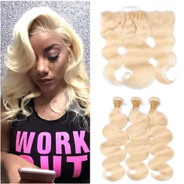 Blonde Body Wave Human Hair Weaves With Lace Frontal Closure Raw Indian Virgin Hair 613 Bundles With Ear To Ear Lace Frontal