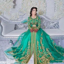 New Emerald Green Muslim Prom Formal Long Sleeves Lace Applique Abaya Dubai Turkish Evening Dresses Wear Party Gowns Moroccan Kaftan