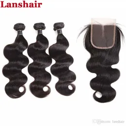 Brasilianska hårbuntar med stängning med 3 buntar Straight Indian Virgin Hair Weaves Indian Human Hair 4x4 Lace Closes Body Wave