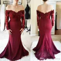 Off Shoulder Burgundy 2020 Mermaid Evening Dresses Lace Appliques Pärlor Kristaller Elegant Formell Klänning Prom Wear Vestidos de Fiesta