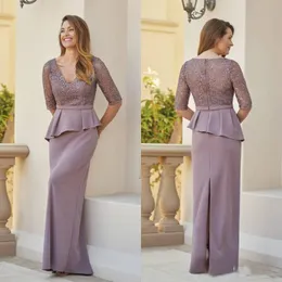 Lavender Lace Mother of Bride Dresses Plus Size Modest V Neck Half Sleeve Prom Evening Gowns With Peplum Floor Length Wedding Guest Dress