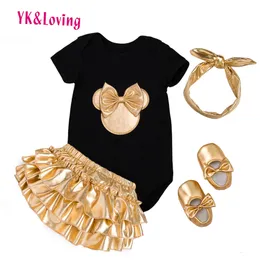 2018 Baby Girl Clothes 4pcs Clothing Sets Black Cotton Rompers Golden Ruffle Bloomers Shorts Shoes Headband Newborn Clothes Y19061303