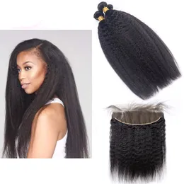 Brasilianska Virgin Människa Hår 3 Bundlar med 13 * 4 Spets Avslutande Kinky Straight 4Pieces / Lot Hair Extensions 8-30Inch Yaki Naturlig färg