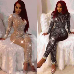 Shining Beading Sexy Women Jumpsuit Collar Long Sleeves Bodysuit Women See Through Overalls for 2020 New Arrival