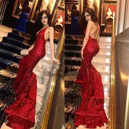 Full Sequins Red Afton Klänningar 2019 Sexig Deep V Neck Crisscross Tillbaka Mermaid Prom Long Train Party Dress