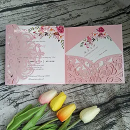 2019 Prisvärt rosa bröllop inbjudningar Laser cut pocket bröllop inbjudan sviter skräddarsydda inbjudningar med RSVP-kort och kuvert av DHL