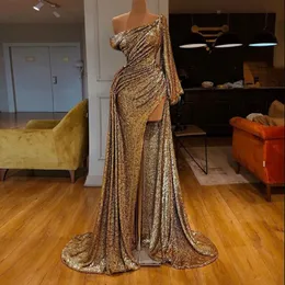 Sexig kvällsklänning Robe de Soiree Abiye Evening Gown Sequin Vestido de Festa Rose Gold One Shoulder Prom Gowns Vestido Longo