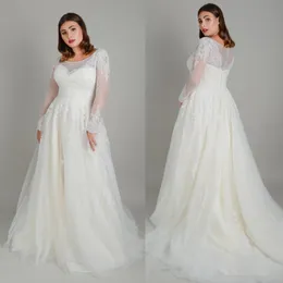 2020 Suknie ślubne z długim rękawem Pociąg linia Sweep Pociąg Jewel Neck Plus Size Country Wedding Dress Custom Make Tanie Plaża Robes De Mariée