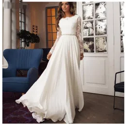 White Chiffon Lace Backless Boho Wedding Dresses crew beading belt 2020 Long Sleeves Beach Bride Dresses Wedding Gowns abito da sposa