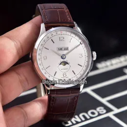 Tanie Nowe Patrumony Big Data U0112538 White Dial Automatic Moon Phase 0112538 Mężczyzna Zegarek Stalowy Case Brown Skórzany Pasek Gents Zegarki