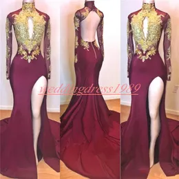 Trendig High Neck African Mermaid Prom Dresses Hollow Gold Applique Sheer Arabia Plus Size Split Party Formal Gowns Vestido de Fiesta Evening