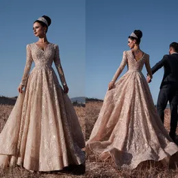 2020 Szampański suknie wieczorowe V Neck Lace Aplikacje Linia Formalna Prom Dress Długim Rękawem Arabskie Specjalne suknie Szaty De Soirée