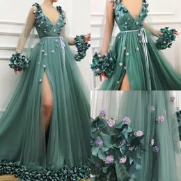 Jägergrüne Boho-Abschlussballkleider, sexy tiefer V-Ausschnitt, lange Ärmel, oberschenkelhohe Schlitze mit D-Blumenblumen, Abendkleider, formelle Kleidung