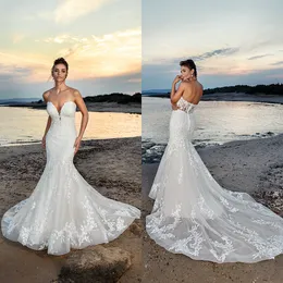 Eddy K 2021 Bröllopsklänningar Sexiga Sweetheart Open Back Bridal Gowns Custom Made Lace Appliques Sweep Train Mermaid Robe de Soiree