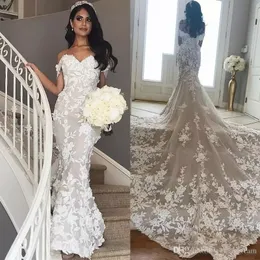 2019 Mermaid Dantel Gelinlik Kapalı Omuz 3D Aplike Gelinlikler Şapel Tren Trompet Tül Ülke Vestido De Novia