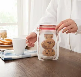 Partihandel Plast Mason Jar Shaped Food Container Safe Storage Bags Reusable Eco Friendly Snacks Bag Sn239