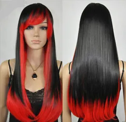 Peruka darmowa wysyłka damska długa prosta czarna czerwona Mix impreza przebierana Cosplay pełna peruka do włosów
