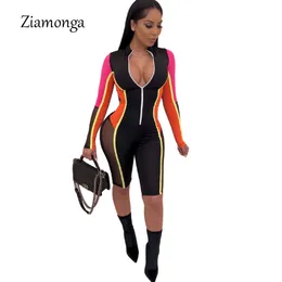 Ziamonga 2019 Ny stil Märke Mode Casual Style Kvinnor Playsuit Striped Deep V Neck Långärmad Bodycon Romper Kvinna Jumpsuit