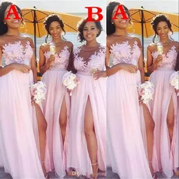 Cheap Baby Pink Long Bridesmaid Dresses Jewel Neck Illusion Lace Appliques Chiffon Bridesmaids Side Split Party Dress Wedding Guest Gowns