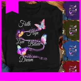 Faith Hope Love Believe Dream Women T-shirt Painted Butterfly Round Neck Short Sleeve Tshirts Female Summer Fahion Casual Tee Tops Clothing