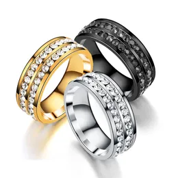 Två rad kristallring för kvinnor svart silver guldfärg rostfritt stål bröllop smycken