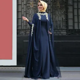High Neck Navy Blue Muslim Evening Dresses 2019 A-Line Långärmad Chiffon Lace Islamic Kaftan Dubai Saudiarabiska Long Prom Aftonklänning