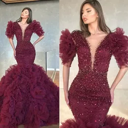 2020 Burgundy Mermaid Evening Dresses Deep V Neck Short Sleeve Beads Ruched Prom Dress Floor LengthTiered Skirts Special Occasion Gowns