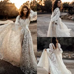 Klassisk långärmad 2020 Bröllopsklänningar Bohemian Full Lace Appliqued Sweep Train Wedding Dress Bridal Gowns Vestido de Novia