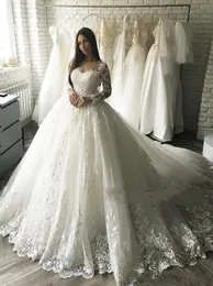 2019 nova chegada quente uma linha vestidos de noiva jóia pescoço rendas apliques mangas compridas botão sheer volta vestido de baile ilusão tule vestidos de noiva