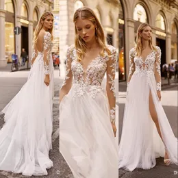 New Sexy Summer Beach Boho A Line Wedding Dresses Split Jewel Neck Illusion Long Sleeves Lace Appliques Beaded Chiffon Backless Bridal Gowns