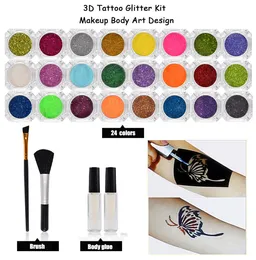 24 Colors Powder Temporary Shimmer Diamond Glitter Tattoo Kit For Body Art Design Paint With Rhinestone Glue+Brushe Tattoo ink