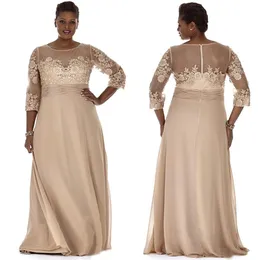 Champagne Plus Size Dresses Sheer Neck Long Sleeve Mother Party Prom Dress Evening Gown For Special Occasion With Lace Appliques SD3416