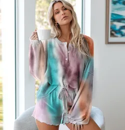 Women Two Piece Outfits Tracksuit Long Sleeve Top and Shorts Set Tie-dye Pajamas Suit Ladies Running Suits GGA3408-2