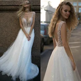 Boho Dresses Sexy A Line Sheer Neck Cap Sleeve Beading Tulle Wedding Dress Bridal Gowns Crystal Bead Bride Formal Gown