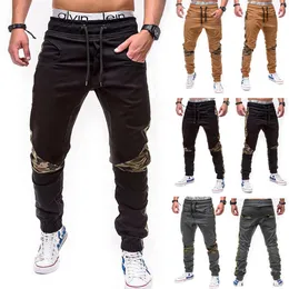 Camouflage Stitching Byxor Solid Färg Bomull Casual Harem Byxor Mens Slim Fit Joggers Svettar Kaki Grå Svart