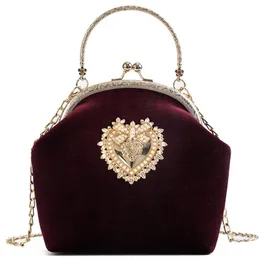 Żeńska aksamitna perła torebka na ramiona torby krzyżowe Vintage Velor Heart Design Evenor Wedding Party Bride Clutch Worka Purse2290