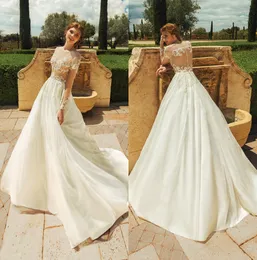 2020 A Line Wedding Dresses Jewel Sheer Long Sleeve Applique Lace Tulle Wedding Gown Beach Satin Sexy Sweep Train Vestidos De Novia Cheap