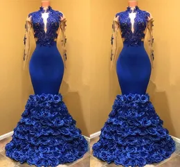 Изысканные вечерние вечерние платья с цветочным принтом с длинным рукавом королевского синего вечернего платья с кружевом и аппликацией вечернее платье